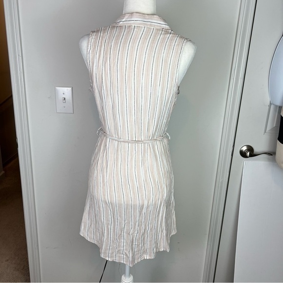Mine Dress womens M Collared Sleeveless Belted Front Button down cream stripe - Picture 5 of 8
